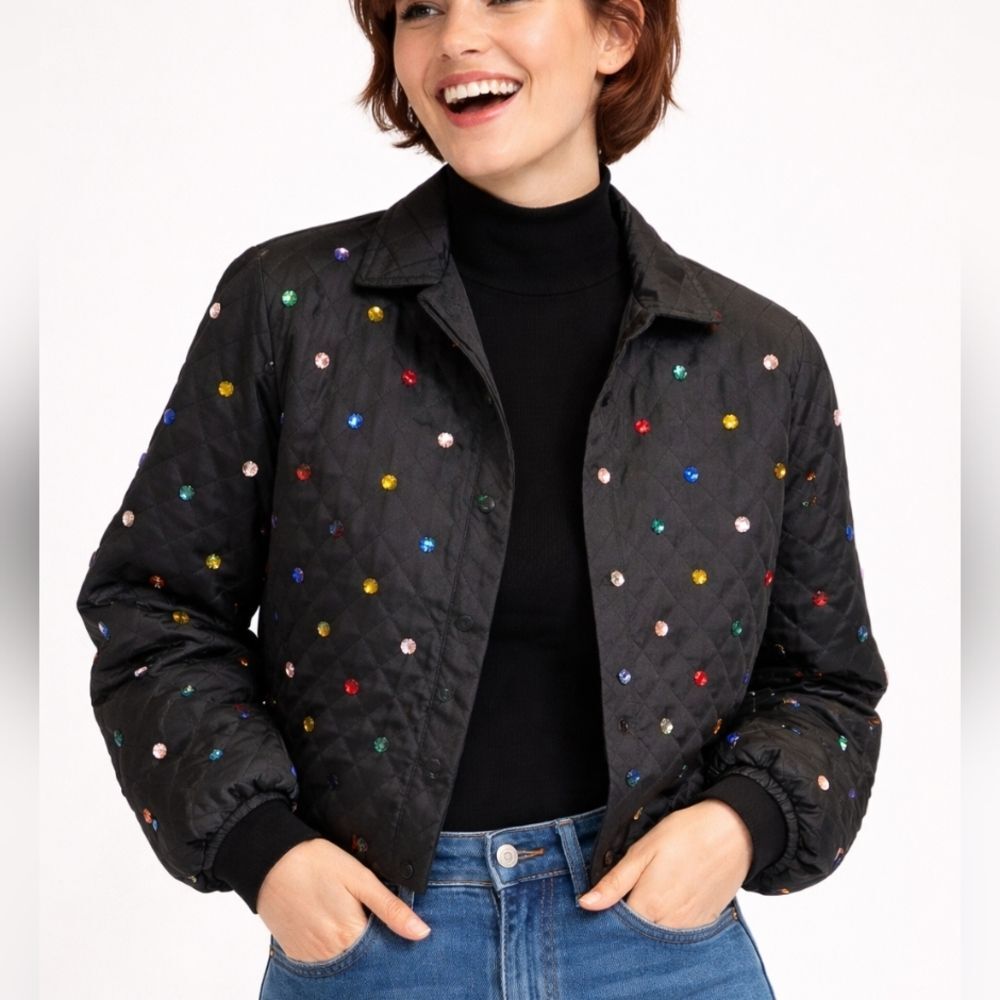 Black Quilted Rhinestone Cropped Jacket Maximalist Dopamine Decor XS/S